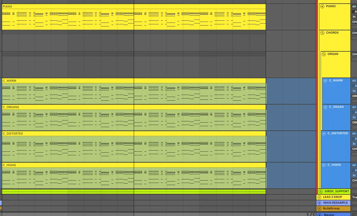 Ableton Live Template shows different layers of synths with yellow colors