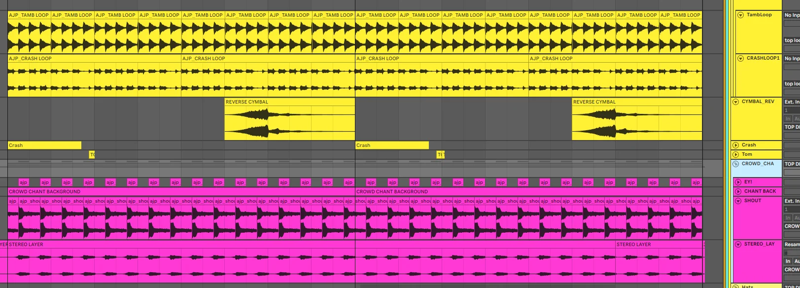 Ableton Live Template shows different layers of synths with yellow colors