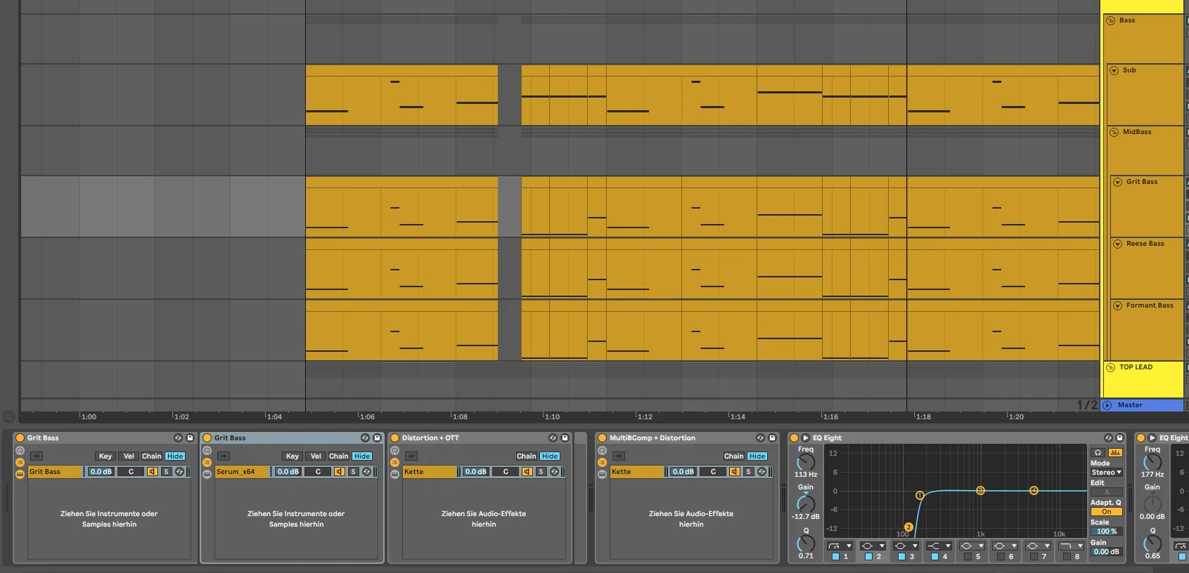 music production file with different effects on the channel
