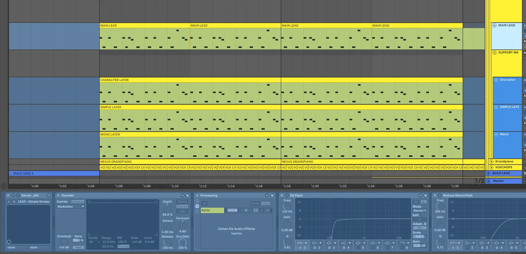 Ableton Live Template shows different layers of synths with yellow colors
