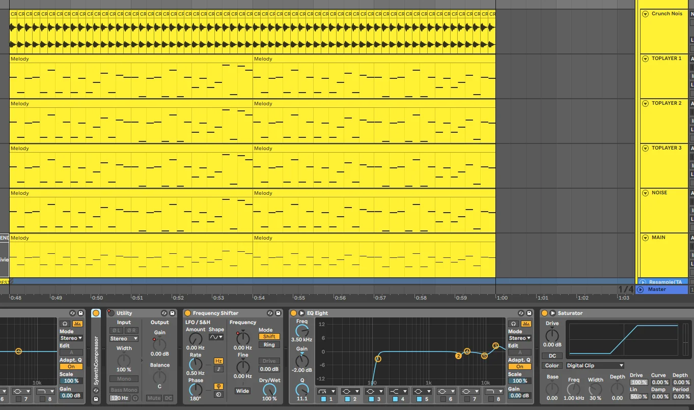Ableton Live Template shows different layers of synths with yellow colors