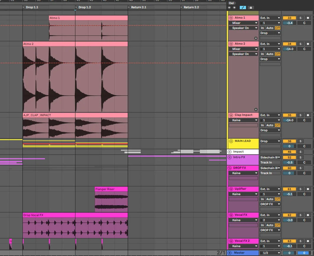 music production file with different effects on the channel