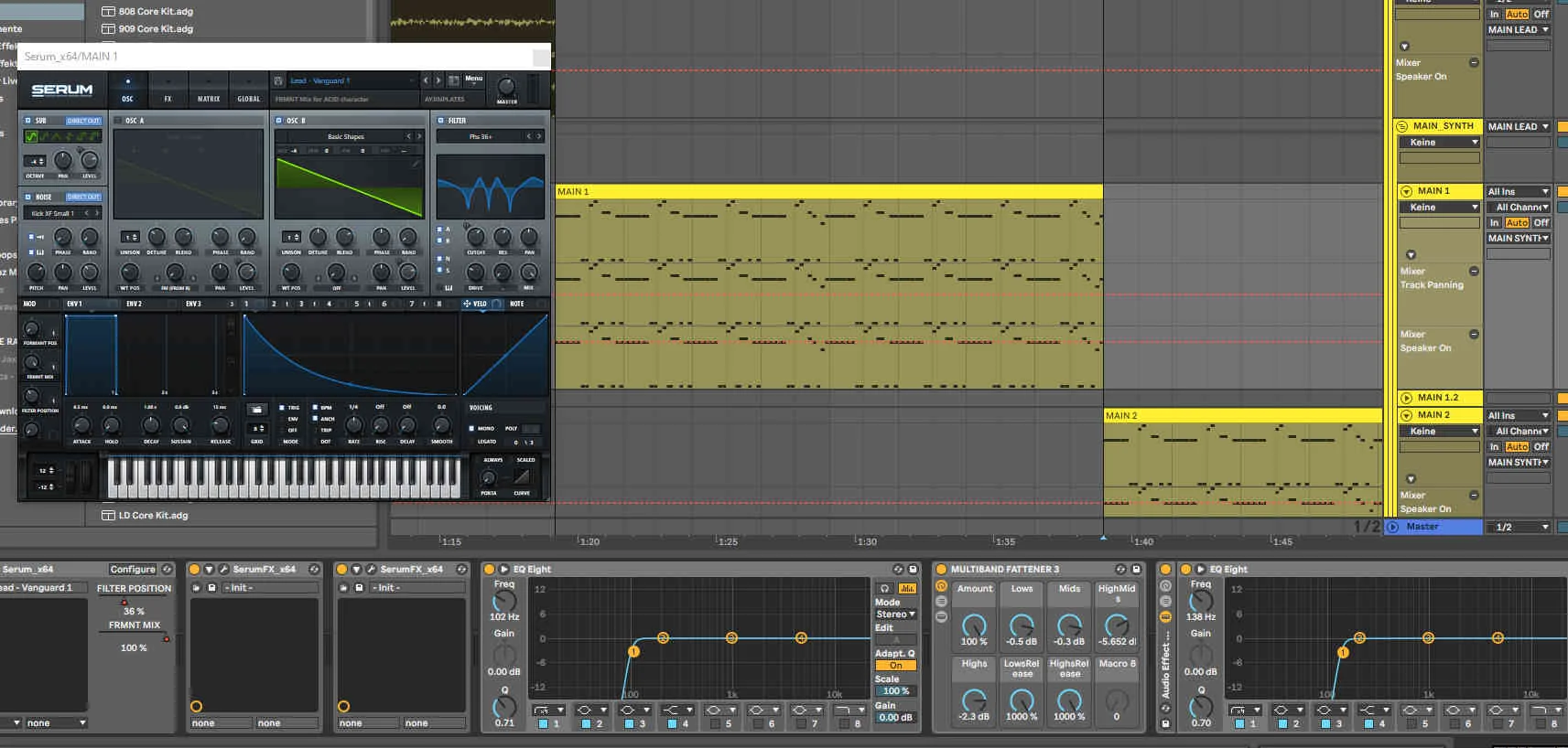Ableton Live Template shows different layers of synths with yellow colors
